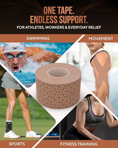TheraCopper Copper Infused Kinesiology Tape – 2 Rolls (40 Precut Strips) – Advanced Waterproof Kinesiology Tape for Shoulder, Elbow, Bowling Wrist, Weightlifting, Muscle Strain & Joint Support (Tan) - color: Tan