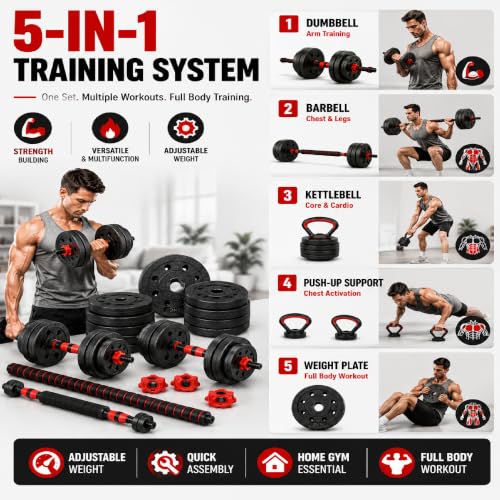 Garvee 5 in1 Adjustable Dumbbell Set 45/55/66LBS with Connector,Free Weight | Space Saving Home Gym Weight Set Converts to Barbell, Kettlebell, Push Up Stand , Full Body Fitness Equipment for Men Women - size: 66lbs (33lbs*2)
