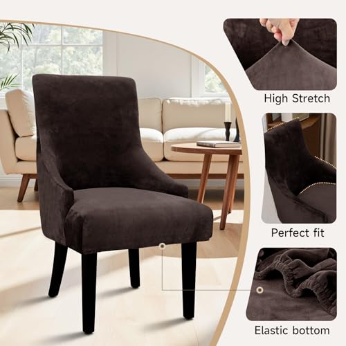 Velvet Wingback Dining Chair Cover Soft Stretch Accent Chair Cover Slipcover Thick Plush Wing Back Chairs Covers Furniture Protect Washable Chairs Protector Covers for Dining Room (Dark Brown, 2) - color: Dark Brown