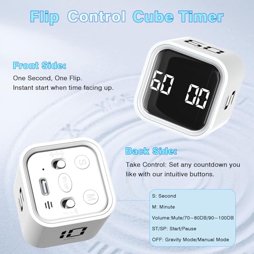 Cube Pomodoro Timer, Smart Productivity Timer 5/10/30/60 Minutes & Custom Countdown, Pause & Resume, Adjustable & Silent Visual Timer, Portable Rotation Multi Desk Timer for Study Task Work Kitchen - color: White
