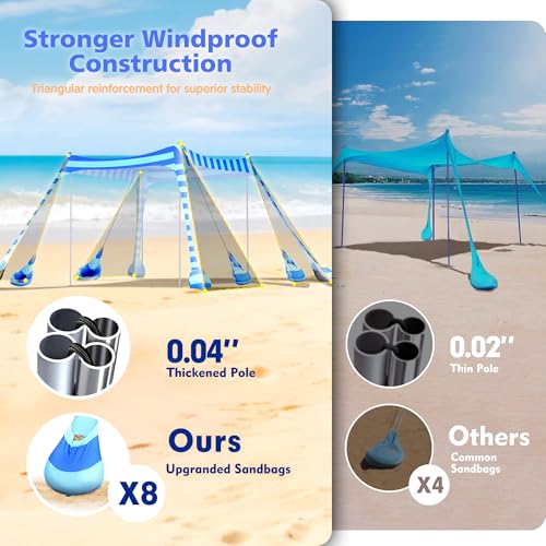 2PM SPORTS Beach Tent Sun Shelter 10x10 FT - UPF 50+ UV Protection, 8 Sandbags, Easy Setup, Portable Beach Shade Canopy for Family Picnic Camping Travel - color: Striped blue