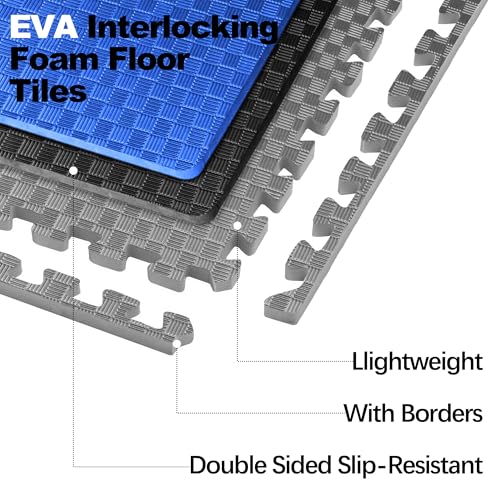 Elevon Puzzle Exercise Gym Flooring Mat, EVA Interlocking Foam Tiles Workout Mat for Home Gym, Fitness Equipment, MMA, Gymnastics, Shock-Absorbing Exercise Mat, Multi-Color - color: Blue, style: 1"Th, 18 Tiles (72 Sq Ft)