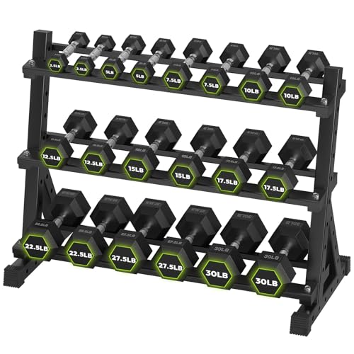 HANDBODE Rubber Coated Hex Dumbbell Set with Rack, 300-840 lb | Fixed Weights Sets with Heavy Duty Storage Stand, Multiple Weight Options Home Gym Equipment for Strength Training - style: 300 lb Set (2.5-30 lb) with Rack