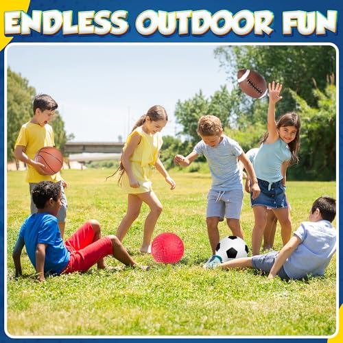8.5” Sports Balls for Kids & Toddlers - (Pack of 4) Rubber Inflatable Multi-Sport Ball Set - Football, Soccer Ball, Basketball, Playground Ball & Pump - Birthday Gift Toys for Boys & Girls - color: Regular, size: 8.5 Inch