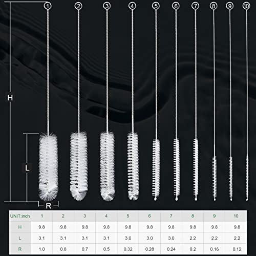 CiaraQ Bottle Cleaning Brushes, 9.8 Inch Nylon Tube Brush Set | White Cleaner for Narrow Neck Bottles Cups with Hook, Set of 10pcs - color: White, size: 9.8 Inch (10pcs)