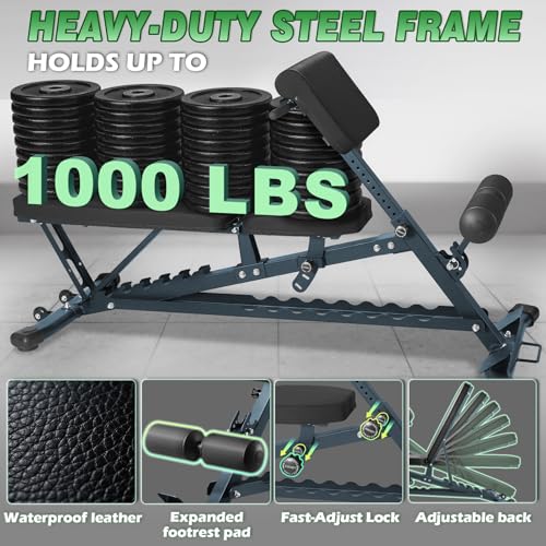 1000 LBS Adjustable Weight Bench with Roman Chair, Utility Workout Bench for home gym MAX Sit/Decline/Incline Up Bench Press Exercise Equipment 75°to -20°FID Strength Training - color: Black