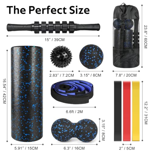 7 in1 Foam Roller Set for Deep Tissue Muscle Massager - High Density Back Roller, Muscle Roller Stick, Resistance Bands, Foot Massage Ball, Stretching Strap for Exercise, Whole Body Physical Therapy - color: Black Blue