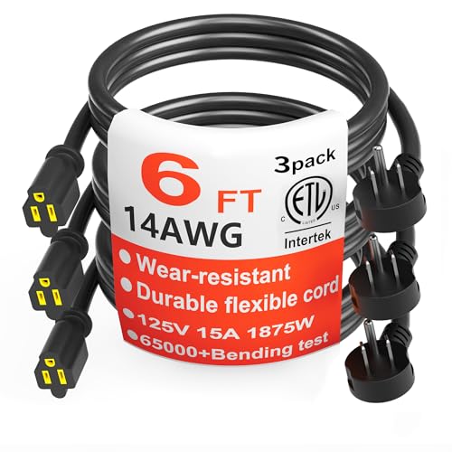 HUANCHAIN 14 Gauge 6 Feet (3 Pack) Flat Plug Extension Cord Black Indoor Outdoor, Heavy Duty 3 Prong Grounded Low Profile Extension Wire Flexible, 15A 1875W 125V 14AWG SJTW, ETL Listed - color: Black, size: 6 FT - 3 pack