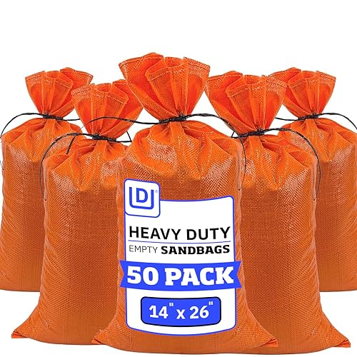 DURASACK Heavy Duty Sandbags with Ties, 14x26, Empty, Orange, Pack of 50 | Woven Polypropylene Sandbags for Flood Control with 1600 Hours of UV Protection, 50 lbs Capacity - color: Orange, size: 50 Sandbags