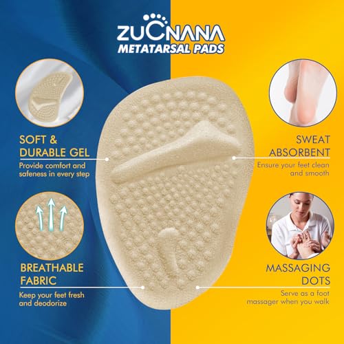ZUCNANA Ball of Foot Cushions, Metatarsal Pads Women (2 Pairs), Non-Slip Heel Inserts for Women, Gel Heel Cushions for Foot Pain Relief and Comfort | One Size Fits Any (Beige & Clear) - color: Beige + Clear