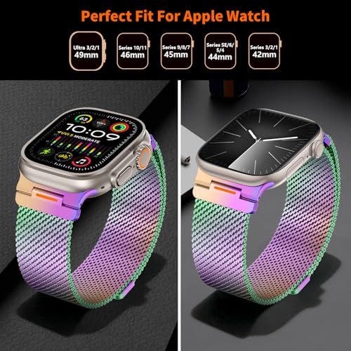Milanese Loop Compatible with Apple Watch Ultra 3/2/1 Band 49mm 46mm 45mm 44mm 42mm, Magnetic Stainless Steel Strap Bands for iWatch Ultra SE 3/2/1 Series 11 10 9 8 7 6 5 4 3 2 1 Men, Colorful - color: Colorful