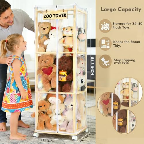 Stuffed Animal Storage Zoo with Dust Cover & Wheels — Large Wooden Stuffy Organizer Display Tower, Thick Plushie Holder with Elastic Band for Kids Room, Perfect for Nursery Bedroom Nursery Playroom