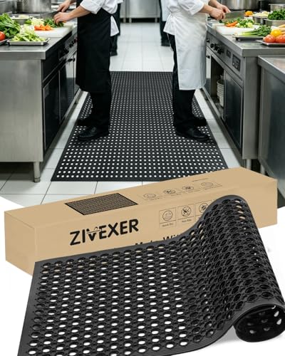 【10mm Extra Thick】36"x60" Heavy Duty Non-Slip Outdoor Rubber Door Mat with Drainage Holes, Large Rubber Mats for Bar, Garage, Kitchen, Waterproof Black Shop Matt, Fast Drying Restaurant Floor Mat - size: 3' x 5' (Rectangular)