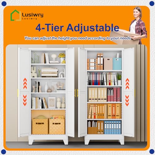 Metal Storage Cabinet with 2 Doors and 4 Adjustable Shelves - 71" Steel File Cabinet,Tool Cabinets for Office,Home,Garage,Gym,School,Bathroom,Kitchen(White) - color: White, size: 71H