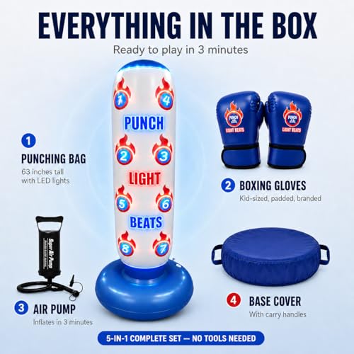 Punching Bag for Kids with Color-Changing LED Lights, Built-in Music & 8 Targets, Inflatable Boxing Set Ages 3-12 with Boxing Gloves & Pump (Batteries Not Included), Sand/Water Fill Base Birthday Gift