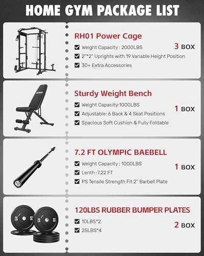RH01 Power Cage Rack, 2000LBS Squat Rack with with Cable Crossover System&LAT Pull Down System, Multi-Function Workout Cage for Home&Garage Gym - color: Black, size: RH01 Power Cage with 120LB Weights
