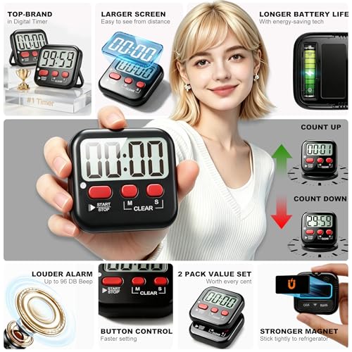 Antonki 2 Pack Digital Timer for Kids, Magnetic Countdown Kitchen Timers for Cooking, Egg, Classroom, Teacher, Exercise, Study, Oven - Battery Included - color: New Black
