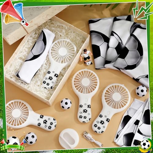 Woanger 24 Pcs Soccer Cooling Towels and Fans Sets Mini Handheld Fans Bulk 3 Speeds USB Lash Towel for Soccer Gifts for Sporting Team Games Party Favor - style: Soccer