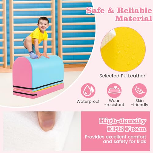 Goplus Mailbox Tumbling Mat, Gymnastics Vaulting Box w/Detachable Mat, Carrying Handle, Premium PU Leather, Portable Jumping Tumbling Aid Trainer for Kids Home Gyms Exercise - color: Baby Blue+Pink