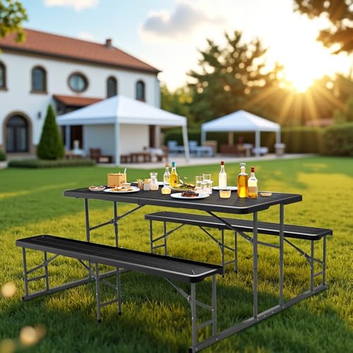 VINGLI Folding Picnic Table and Bench Set, Portable Outdoor Dining Furniture for Camping, Patio, Backyard, Wood Grain Plastic Top with Metal Frame （Black） - color: Black, style: Standard