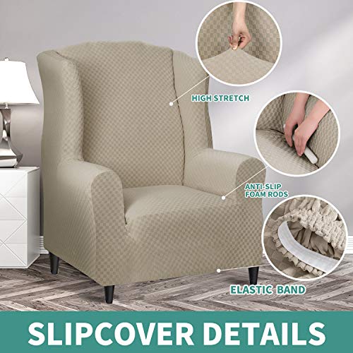 YEMYHOM 1 Piece Stretch Wingback Chair Slipcover Latest Jacquard Design Wing Chair Cover Non Slip Furniture Protector with Foam Rods for Living Room (Wing Chair, Khaki) - color: Khaki, size: 1 Pack - Wing Chair