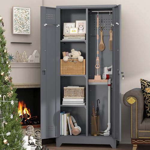 IRONFFICE Tall Storage Cabinet with Doors,Metal Garage Cabinet and Storage,Lockable Utility Closet Cabinets with Pegboard for Basement,Laundry Room,Grey - size: 15.74"D x 23.62"W x 65"H-Grey
