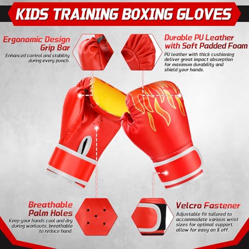 3-in-1 Boxing Gloves and Punching Mitts Set for Kids Youth, Kids Boxing Gloves Curved Punching Pads with Hand Wraps, Focus Mitts Boxing Equipment Set for Boxing Training MMA Karate Muay Thai Taekwondo