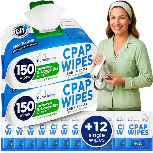 CPAP Mask Wipes - 300 Count Jumbo Pack + 12 Travel Sheets - Dura Cleanse Extra Large, Extra Moist Cleaning Wipes for Full Face, Nasal Masks Unscented Cleaner for CPAP Machine Supplies and Accessories - size: 150 Count (Pack of 2)