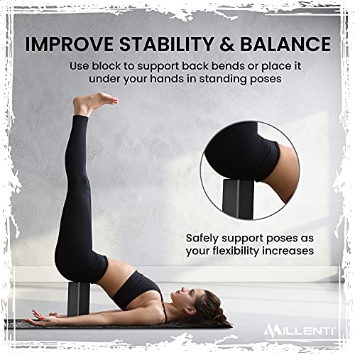 Millenti Gray Black Yoga Block Yoga Brick - Sold as Single EVA Foam Block, Bevelled Edge, Non-Slip, Latex-Free Block with a Workout Chart 9x6x4” - color: Gray