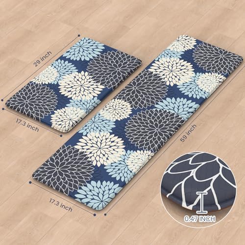 Anti Fatigue Kitchen Mats,Non Slip Farmhouse Kitchen Rugs Sets 2 Piece,Waterproof Dahlia Floral Kitchen Mat for Floor,Cushioned Standing Mat for Kitchen,Laundry,Sink,Desk,Mutil-Blue - color: Multi-blue, size: 17.3" x 59 "+ 17.3" x 29 "--0.47 inches