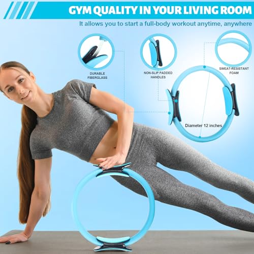 RoundFunny Pilates Ring Circle Set 18 Pcs Exercise Equipment Accessories for Women Workouts Pilates Ball Stretching Strap Magic Circle Yoga Ring Gym Back Bag Resistance Band Anti Slip Socks - color: Blue