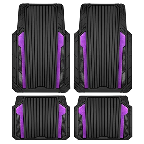 CAR PASS Heavy Duty Rubber Car Mats Metallic,Aluminum Film All Weather Floor Mats Waterproof Universal Trim to Fit SUVs Sedans Vans 4 Piece Anodized Deep Dish Two-Tone Sporty Black Purple Chrome - color: BLack Purple