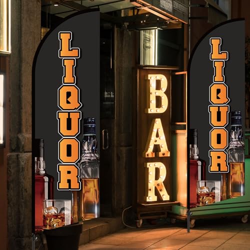 Mindsoft 2 Pack Liquor Feather Flag 8.2 Feet Tall Advertising Swooper Flag Banner Stand Signs with Pole and Ground Stake for Outdoor Business Market Store - style: Liquor