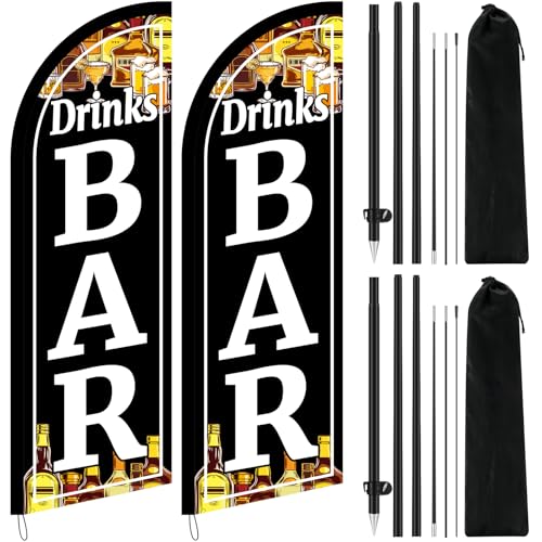 Mindsoft 2 Pack Bar Drinks Feather Flag 8.2 Feet Tall Advertising Swooper Flag Banner Stand Signs with Pole and Ground Stake for Outdoor Business Market Store - style: Bar Drinks