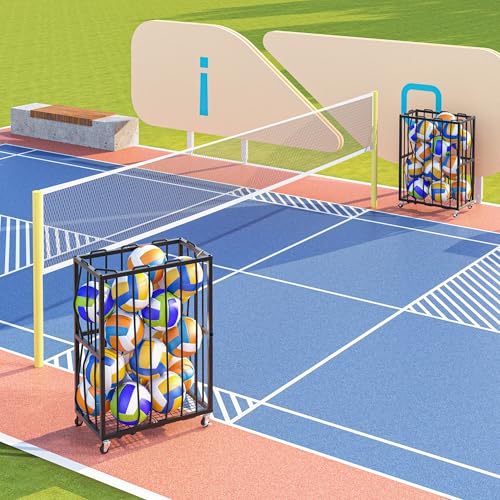 Ball Sports Organizer Storage Cart, Garage Metal Rolling Bin with Thicker Elastic Rope, Ball Holder Rack with Wheels for Volleyball, Basketball, Football, Toys, Gym, Outdoor & Indoor Equipment Storage