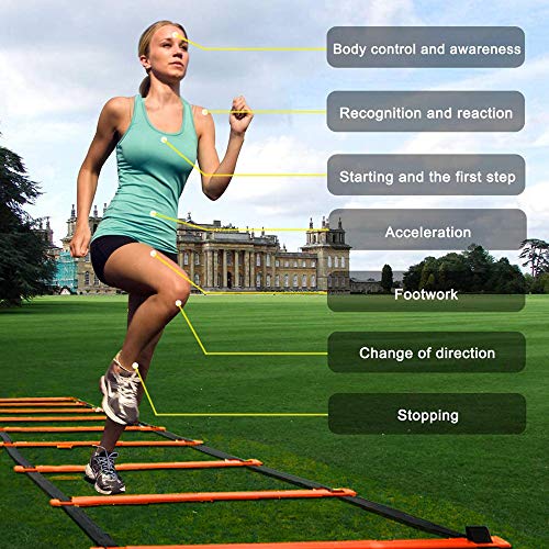 TOCO FREIDO Speed&Agility Training Set – 20ft Agility Ladder Set with 12 Rungs, 4 Adjustable Training Hurdle, 12 Disc Cones, 2 Resistance Bands, 1 Running Parachute and Footwork Drills Equipment - color: Dark orange