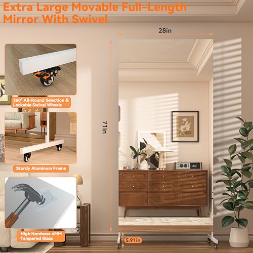 Hasipu 71" x 28" Large Full Length Rolling Mirror with Wheels, White | Tempered glass, sturdy metal frame, smooth rolling casters, removable stand, ideal for gym, bedroom, dance studio & yoga. - color: White, size: 71"L x 28"W