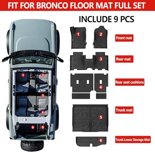 KARPAL Floor Mats for 2021-2025 2026 Ford Bronco 4 Door (Not fit Sport), Custom Fit TPE All Weather Ford Bronco Accessories 1st&2nd Row Floor Liner & Cargo Liner Backrest Mat - style: 2021-2026 | For Ford Bronco 4 Door| Full Set