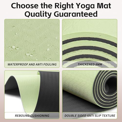 PAIDU Yoga Mat 8mm TPE Non‑Slip Fitness Mat with Strap for Home Workouts | SGS Certified, Odorless, Tear‑Resistant, Unisex, for Yoga, Pilates, Meditation, Home & Gym Workouts - color: Green&Black