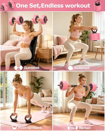 Rendpas 4-in-1 Adjustable Dumbbell Set with Foldable Weight Bench, Convert to Barbell Kettlebell Push-Up Stand, 800LBS Bench 10 Angles Incline Decline Flat, Home Gym Weight Set - color: Pink, size: 85LB Dummbell Set & Adjustable Bench