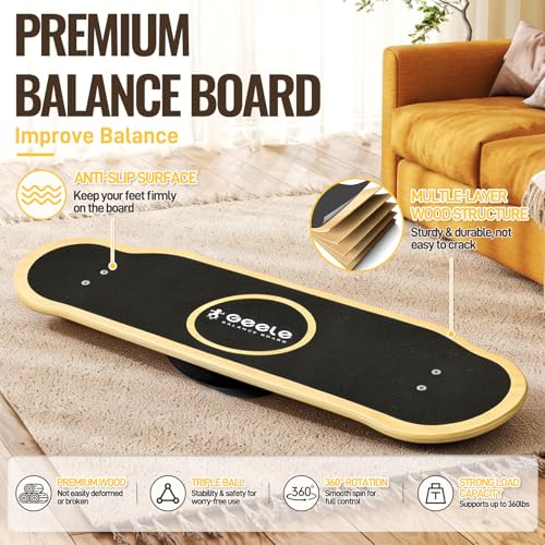 Balance Board with 360° Rotation, Solid Wobble Board for Adults & Kids, Balance Trainer for Strength Training, Surfing and Skiing, Anti-Slip Surface Whirl Board, Home, Office Exercise Wooden Board