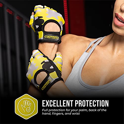 Contraband Pink Label 5217 Women's Design Series Camo Print Lifting and Rowing Gloves (Pair) - Lightweight Vegan Medium Padded Microfiber Amara Leather w/Griplock Silicone - color: Yellow, size: Small