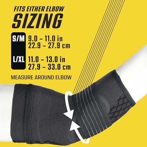 FUTURO Premium Compression Elbow Sleeve, with Wrap-Around Strap and Two Gel Pressure Pads, for Mild Tendonitis, Golfer’s Elbow, Tennis Elbow, Swelling, Sprains, and Strains, S/M - size: Small/Medium
