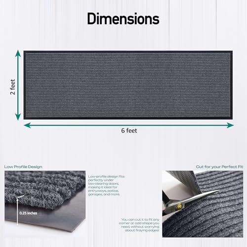 MaxMat® Heavy Duty Floor Mat - Large Commercial, Indoor/Outdoor, Waterproof, Low-Profile, Easy to Clean Doormat (2 x 6 Feet, Grey, MXM-RIB0026GY) - color: Grey, size: 2 x 6 feet