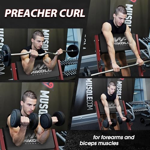 Mikolo Preacher Curl Bench, Seated Arm Isolated Barbell Dumbbell Bicep Station, Bicep Curl Machine with 2 Bar Holders for Home Gym - color: RED