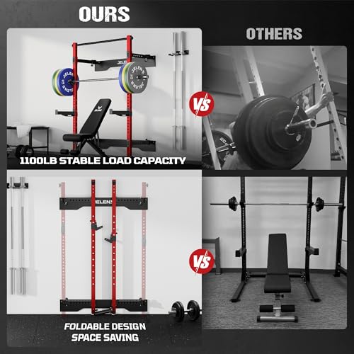 JELENS FS01 Folding Squat Rack, Wall Mounted Power Rack for Home Gym, Space Saving Multi-Functional Power Cage with More Attachments - color: Red, size: FS01 Squat Rack