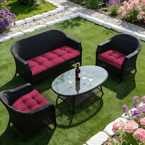 Wicker Chair Cushions of 3 Pieces, Waterproof Cushions for Patio Furniture, Tufted Wicker Outdoor Furniture Cushions, 1 Patio Loveseat Cushion and 2 U-Shaped Cushions, 44"x19"x5", Burgundy - color: Burgundy