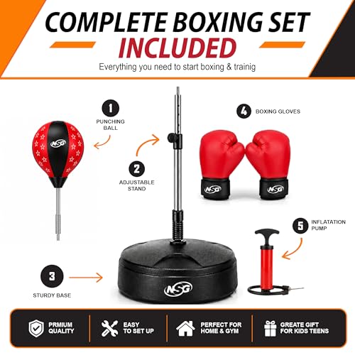 NSG Punching Bag for Kids & Boxing Gloves Set - Adjustable Freestanding Speed Bag with Spring-Loaded Stand, Junior Boxing Gloves & Hand Pump - Portable, Easy Assembly for Boys, Teens, Toddlers Ages 4+ - size: Large