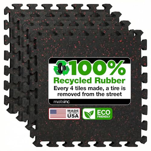 Matter Flex 100% Rubber Floor Mats - Recycled Rubber Gym Flooring for Home Gym, Interlocking Exercise Tiles, Made in The USA, Gym Tiles, Center (4 tiles/16 Sq. Ft.), Black with Red Speck - color: Black With Red Specks, size: Center (4 tiles/16 Sq. Ft.)