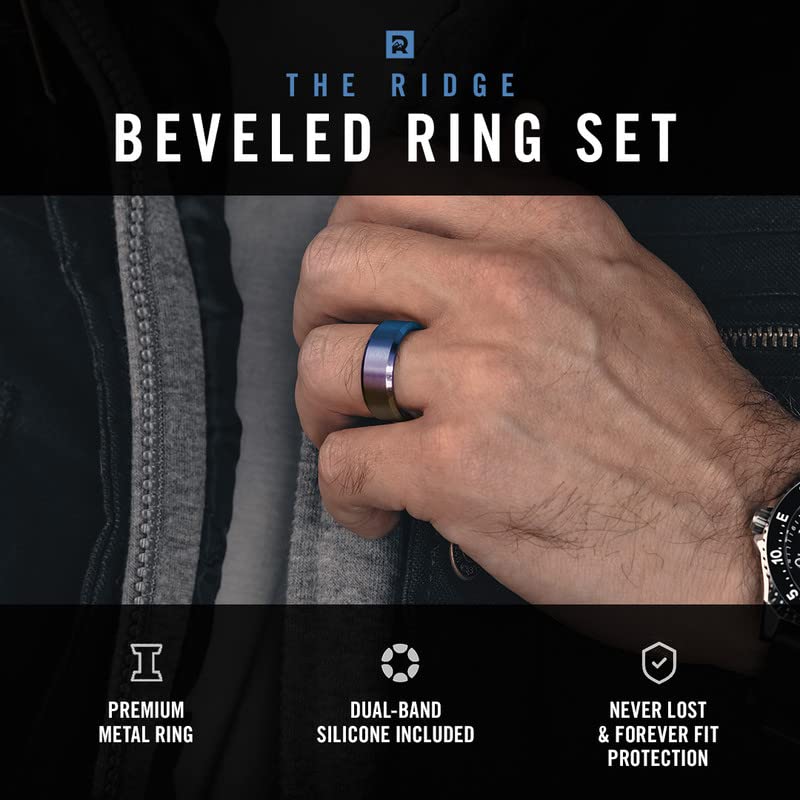The Ridge Tungsten Rings For Men - Mens Wedding Band - Strong, Durable, and Scratch-Resistant Beveled Ring With Silicone Band - color: Burnt Titanium